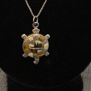 Vintage Sterling Silver Vintage Turtle Necklace with Ocean Jasper and Abalone